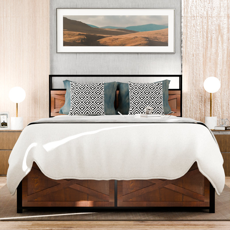 Queen Size Bed Frame Storage Headboard 12 Drawers Led Lights Non Slip Silent Metal Base Metal Slat Support No Box Spring Required